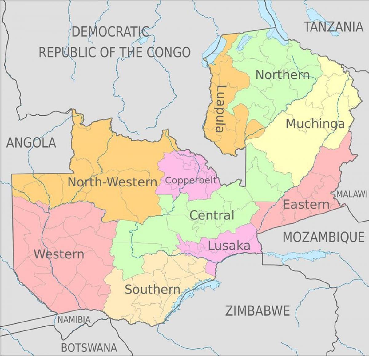 નકશો ઝામ્બિયા દર્શાવે 10 પ્રાંતો
