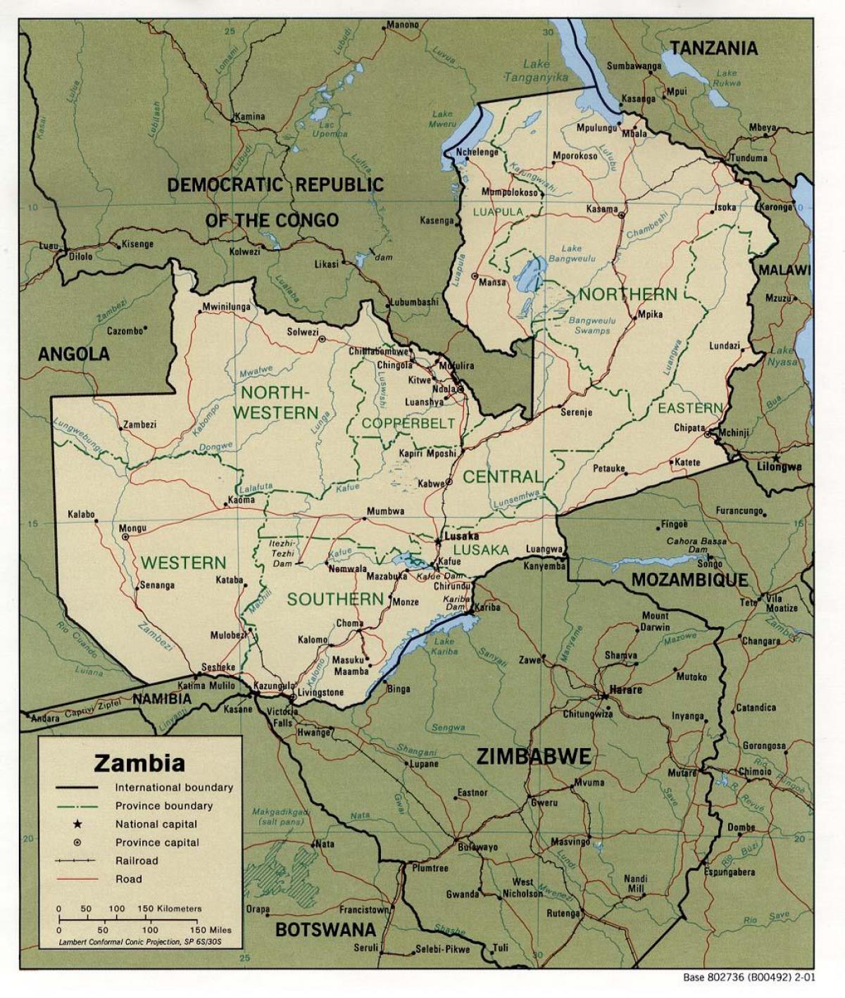 ઝામ્બિયા ભૌતિક સુવિધાઓ નકશો