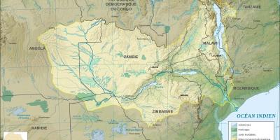 નકશો ઝામ્બિયા દર્શાવે નદીઓ અને તળાવો